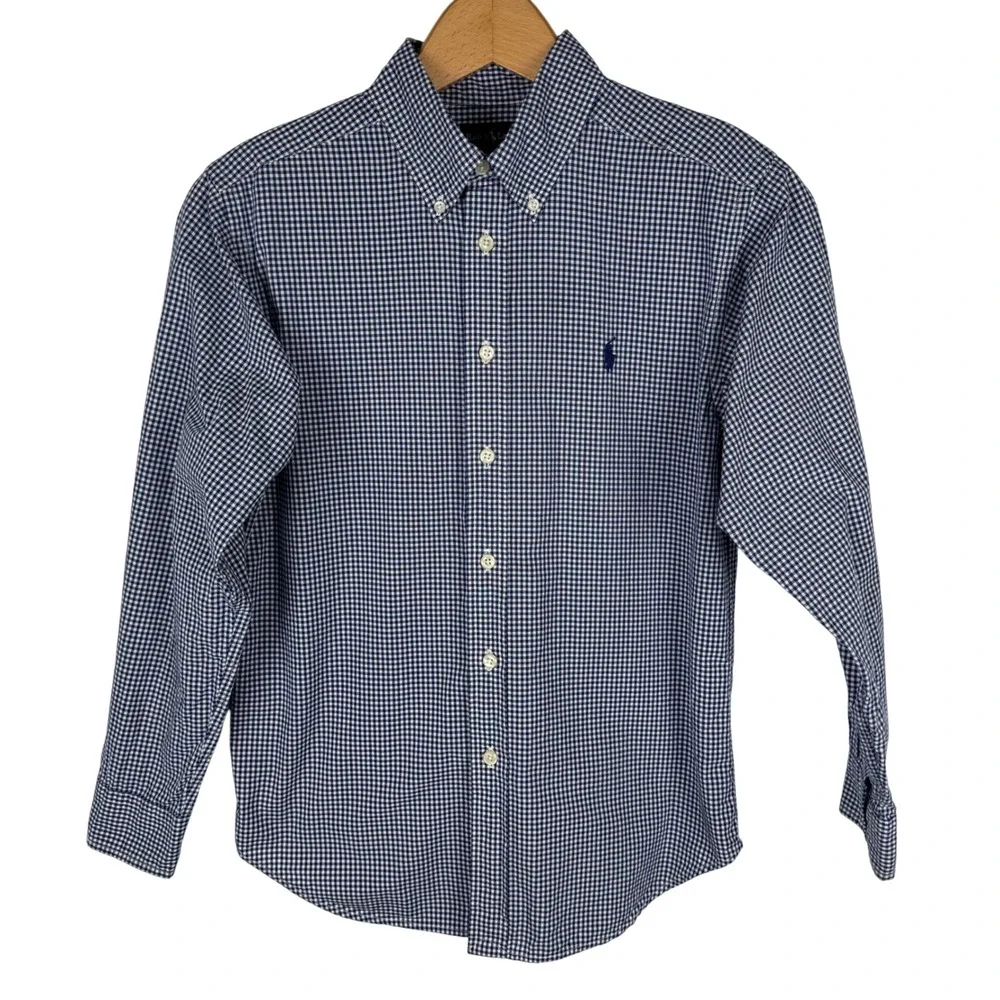 Ralph Lauren Gingham Long Sleeve Shirt‎ Boys M Navy Blue Button Logo Down